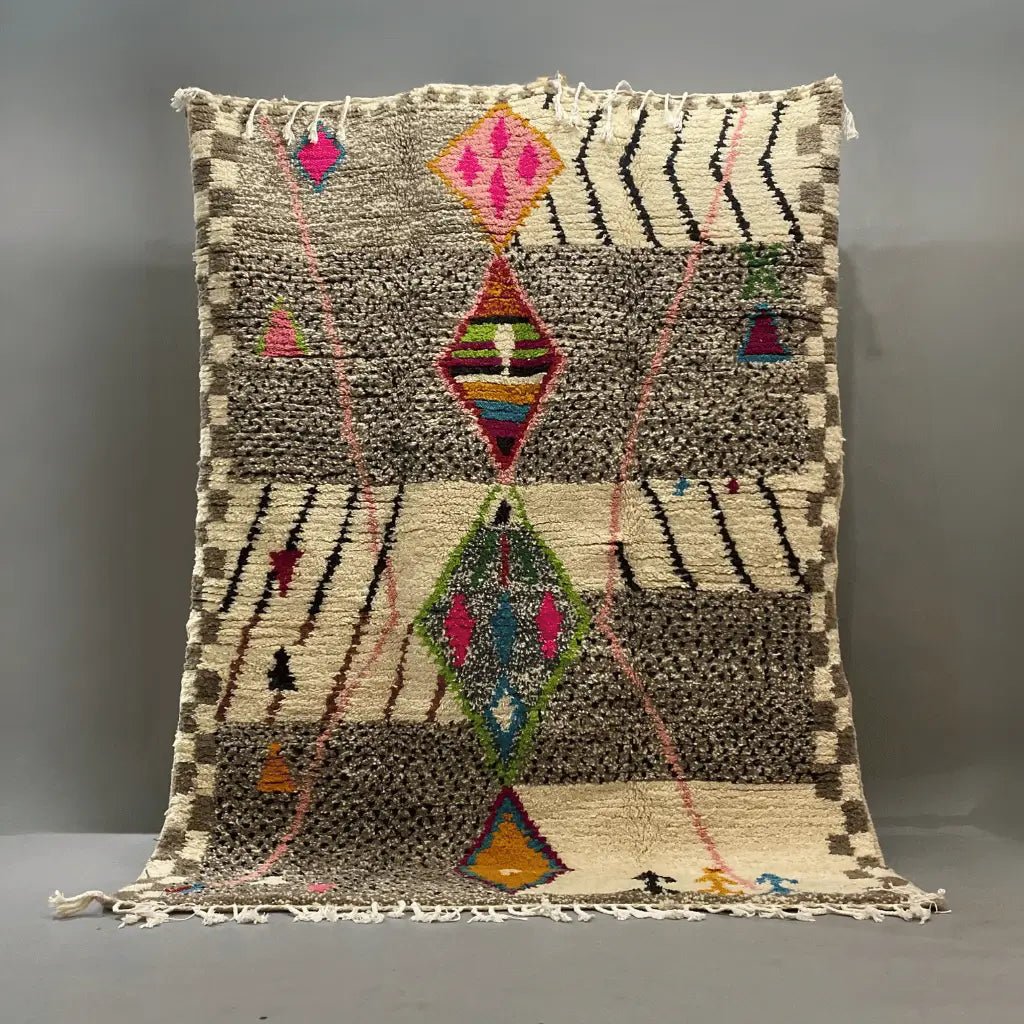 Grand tapis berbère coloré Beni Ouarain 250×160 cm, laine naturelle, motifs traditionnels – fait main.