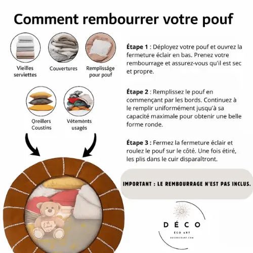 Guide illustré pour rembourrer un pouf marocain en cuir – instructions Decoecoart faciles à suivre